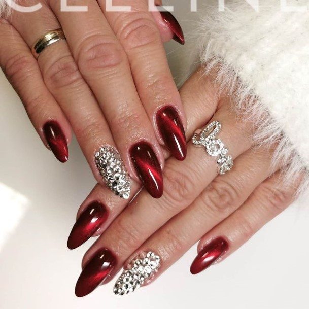 Beautiful Red With Diamond Rhinestones Nail Design Ideas For Women