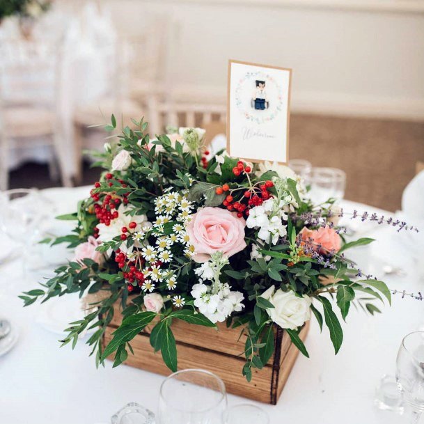 Beautiful Rustic Flower Box Colorful Greenery Pink White Red Floral Table Centerpiece For Wedding