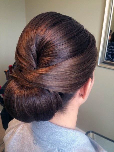 Beautiful Smooth Chestnut Brown Hairstyle With Low Twist Bun