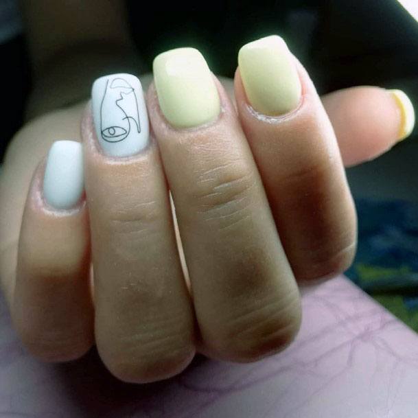 Beautiful Soft Yellow And White Scroll Nail Design For Ladies