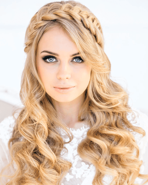 Beautiful Thick Blonde Hair With Braided Crown And Cascading Full Curls