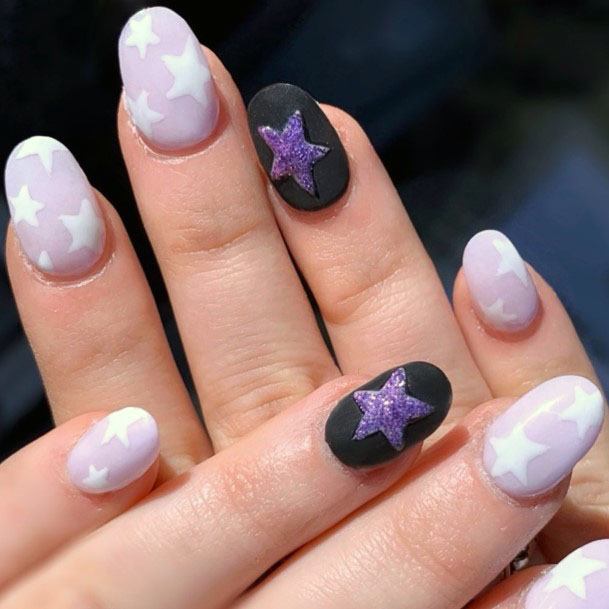 Beautiful Trendy Round Tip Purple And Black Sparkling Star Nail Design For Girls