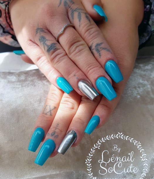 Beautiful Turquoise And Silver Mirror Nail Design For Women