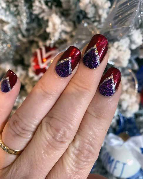 Beautiful V Shaped Dazzling Purple On Red Nails