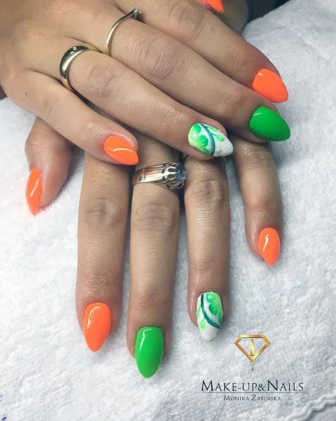 Beautiful Vibrant Bright Green And Orange Citrus Nail Inspiration For Ladies