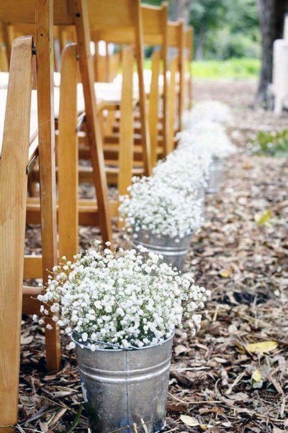 Beautiful White Floral Silver Bucket Aisle Seat Runner Outdoor Wedding