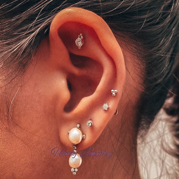 Beautiful White Pearl Dangling Stud Cartilage Ear Piercing Design For Girls