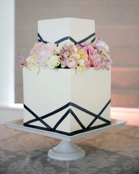 Beautiful White Square Wedding Cake With Black Art