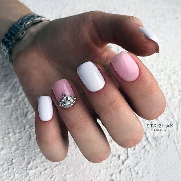 Beautiful White With Rhinestones Nail Design Ideas For Women