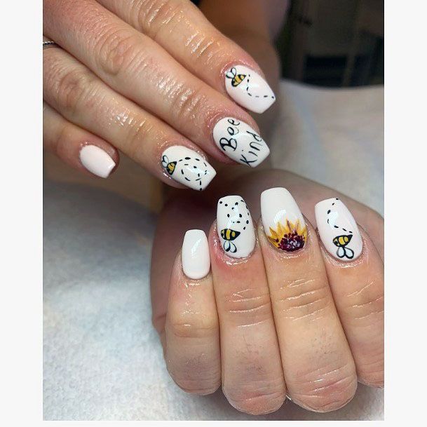 Bee Design On Crisp White Nails Women