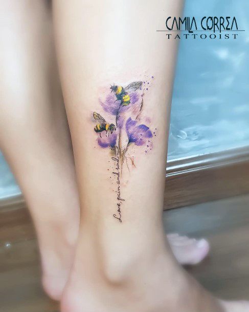 Bee On Lavendar Tattoo Womens Legs