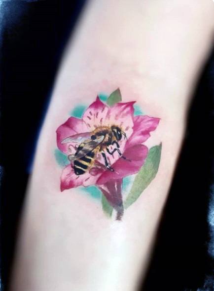 Bee On Pink Flower Tattoo For Women