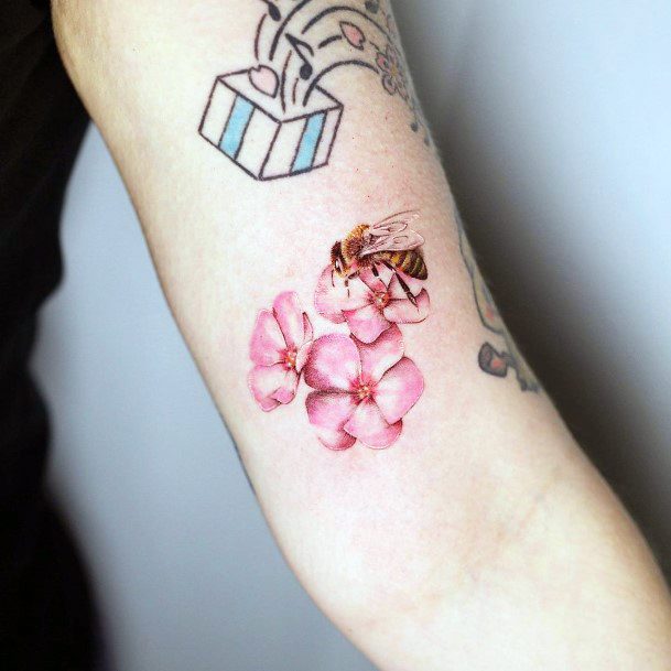 Bee On Pink Flowers Tattoo For Women