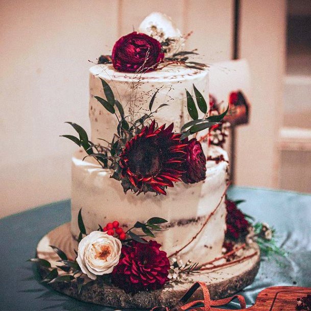 Beet Red Flowers On Fall Wedding Cake Women