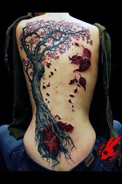 Beetroot Red Colored Leaves Tree Tattoo Womens Back