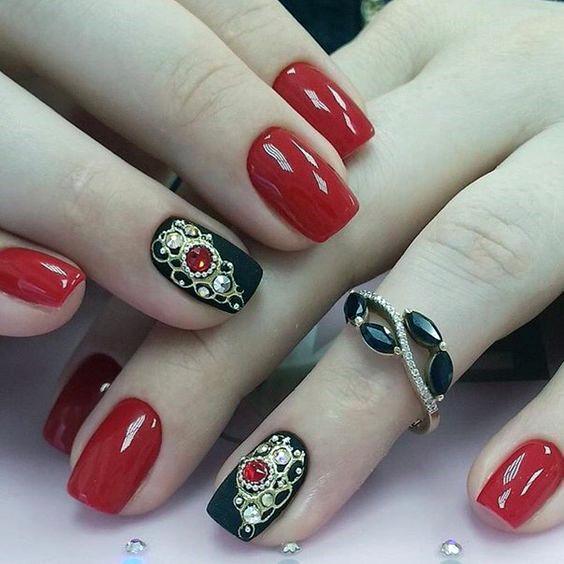 Bejewelled Black And Red Nails For Women