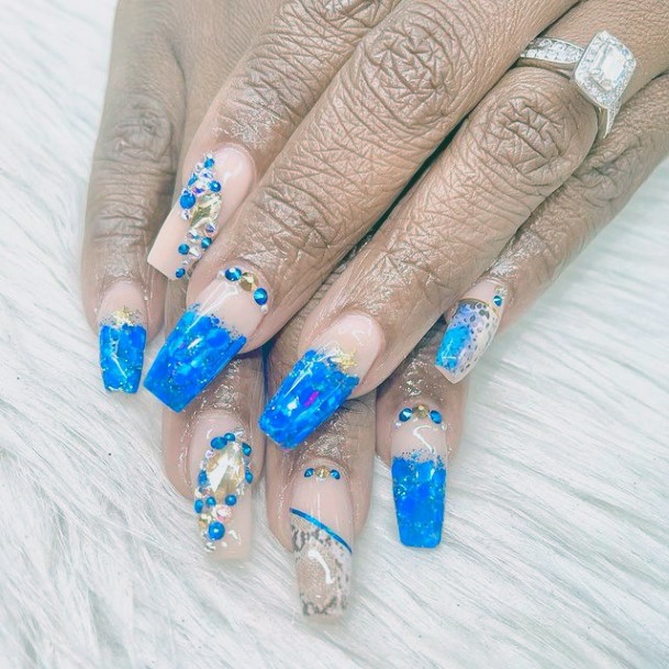 Bejewelled Blue Water Nails Women