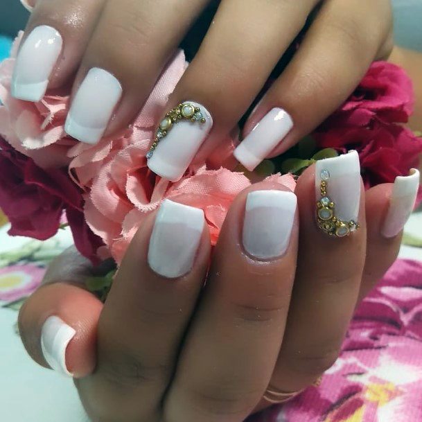 Bejewelled Charming White Nails Women