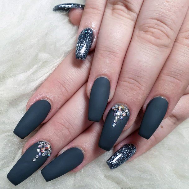 Bejewelled Dark Grey Nails Women