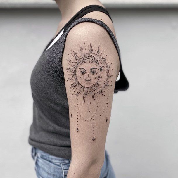 Bejewelled Sun And Moon Tattoo Womens Arms