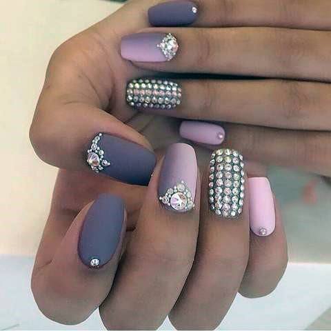 Bejwelled Matte Pink And Dark Grey Nail Design Women