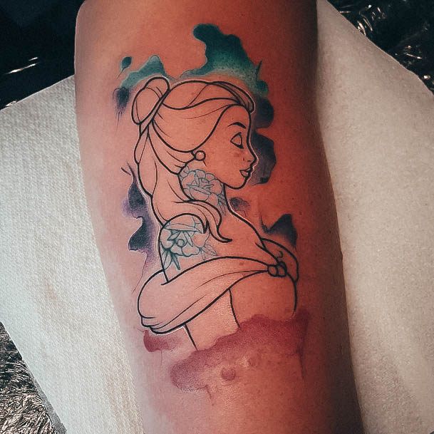Belle Watercolor Arm Girl With Graceful Beauty And The Beast Tattoos