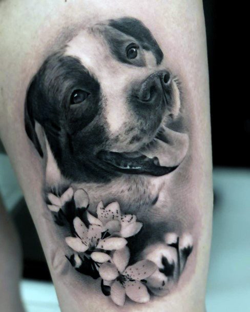 Beloved Dog With Flowers Tattoo For Women