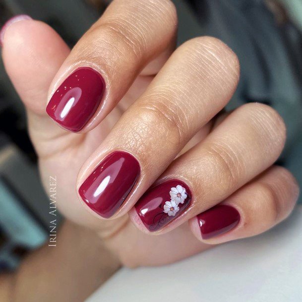 Berry Red Short Nails With White Blossoms For Women