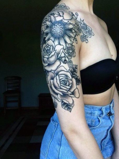 Bewitching Black Florals Tattoo Womens Half Sleeve