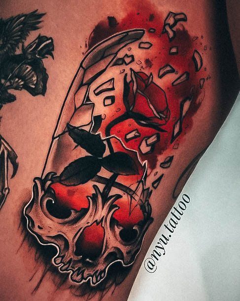 Bicep Broken Glass Dome Skull Woman With Fabulous Beauty And The Beast Tattoo Design