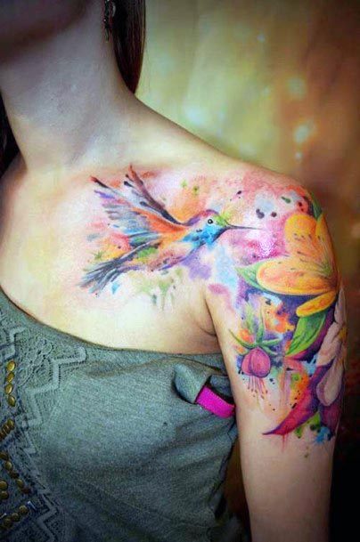 Bird And Flower Shoulder Tattoo Colored