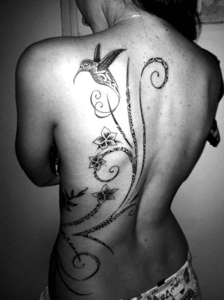 Bird And Flowers Tribal Tattoo Womens Back