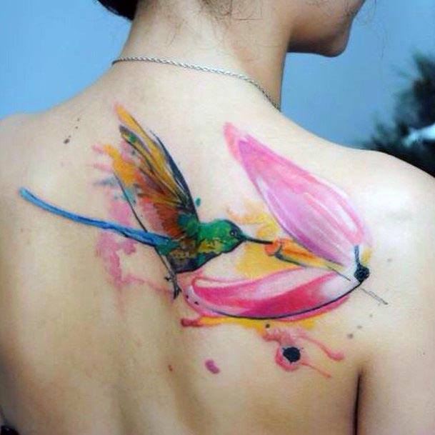 Bird And Nectar Water Color Tattoo Womens Back