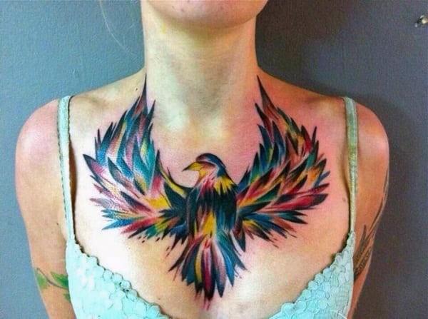 Bird With Colored Feathers Tattoo Womens Chest