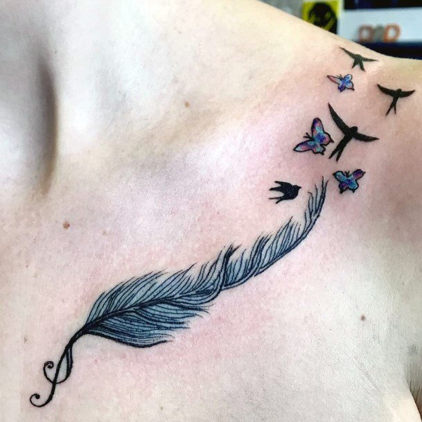 Birds Butterflies And Feather Tattoo Women Shoulders