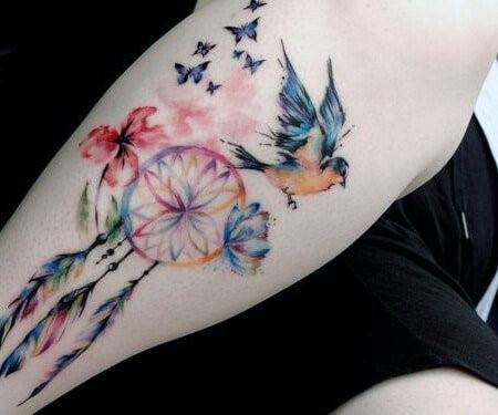 Birds Butterfly And Dream Catcher Womens Tattoo