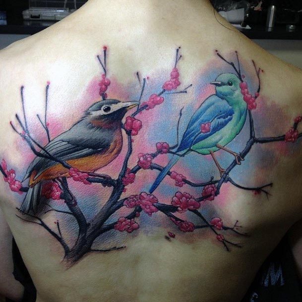 Birds On Berry Branch Water Color Tattoo Womens Back