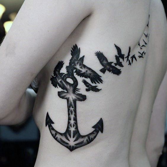 Black Anchor And Birds Tattoo Womens Torso