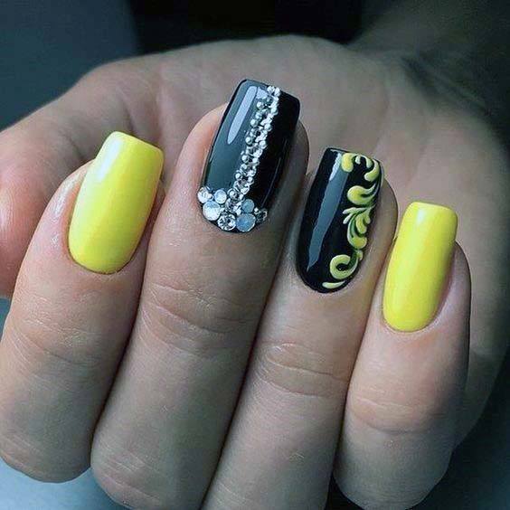 Black And Bright Yellow Nails For Women