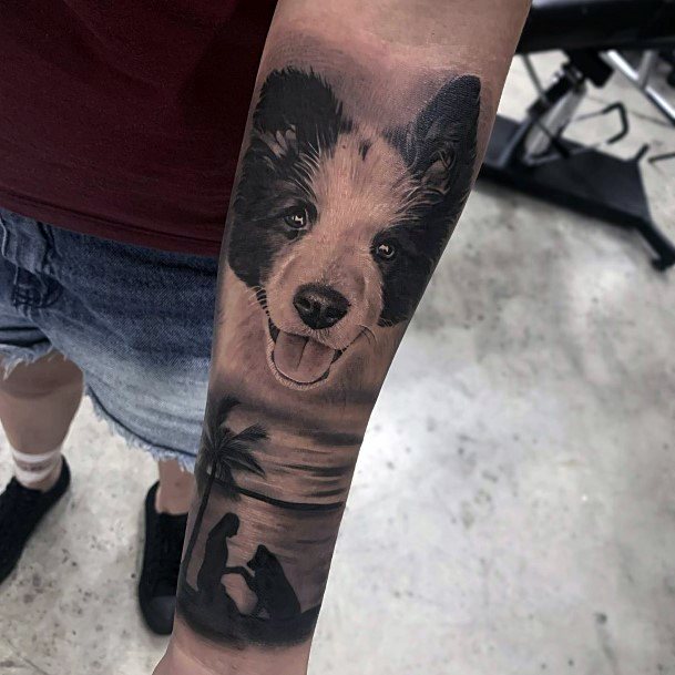 Black And Grey Beach Side Dog Love Tattoo For Women