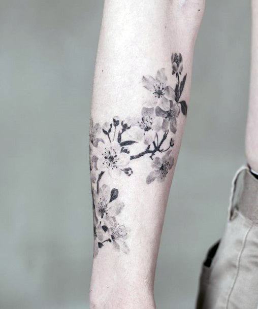 cherry blossom tattoo black and white thigh