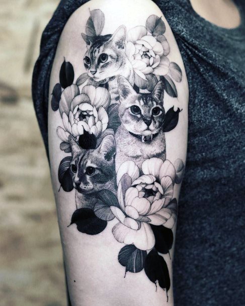 Black And Grey Flowers And Cat Tattoo Womens Arms