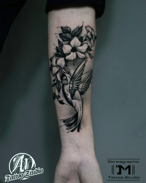 Black And Grey Flowers And Hummingbird Tattoo Women