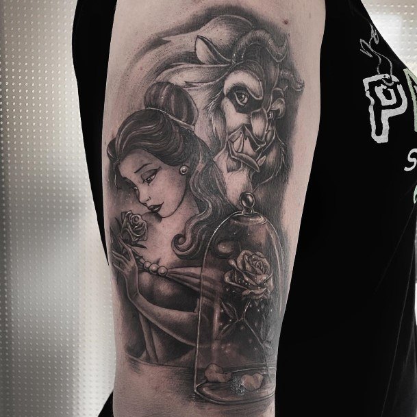 Black And Grey Half Sleeve Magnificent Beauty And The Beast Tattoo For Girls