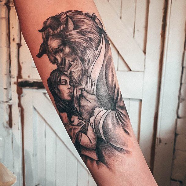 Black And Grey Realistic Forearm Stunning Beauty And The Beast Tattoo On Lady