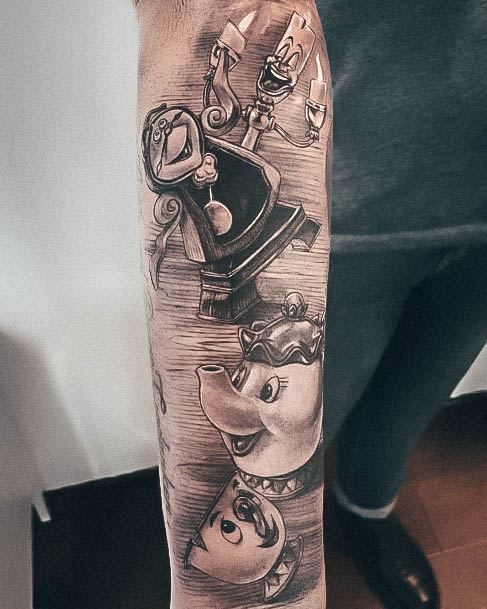 Black And Grey Realistic Sleeve Astonishing Beauty And The Beast Tattoo For Girls