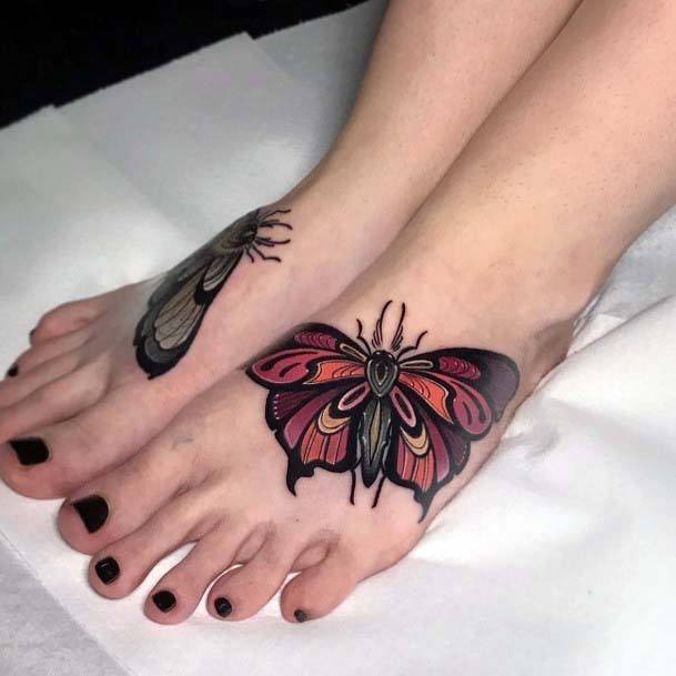 Black And Red Tattoo Butterfly On Womens Foot