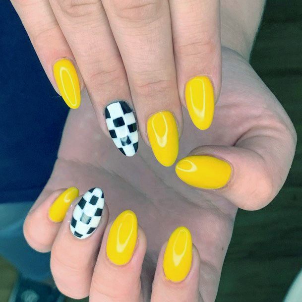 Black And White Chess Board Checkered Nails With Yellow Women