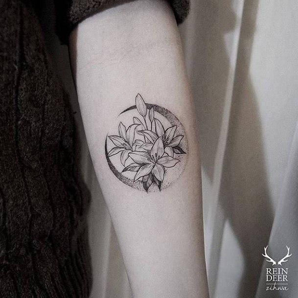 Black And White Circular Floral Art Tattoo Women Forearm