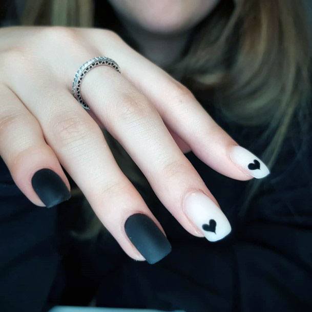 Black And White Colored Heart Design Matte Finished Nails